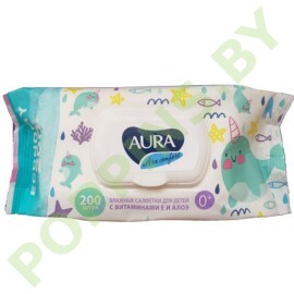 Салфетки влажные для детей Aura Ultra comfort  с крышечкой 200шт (голубые)